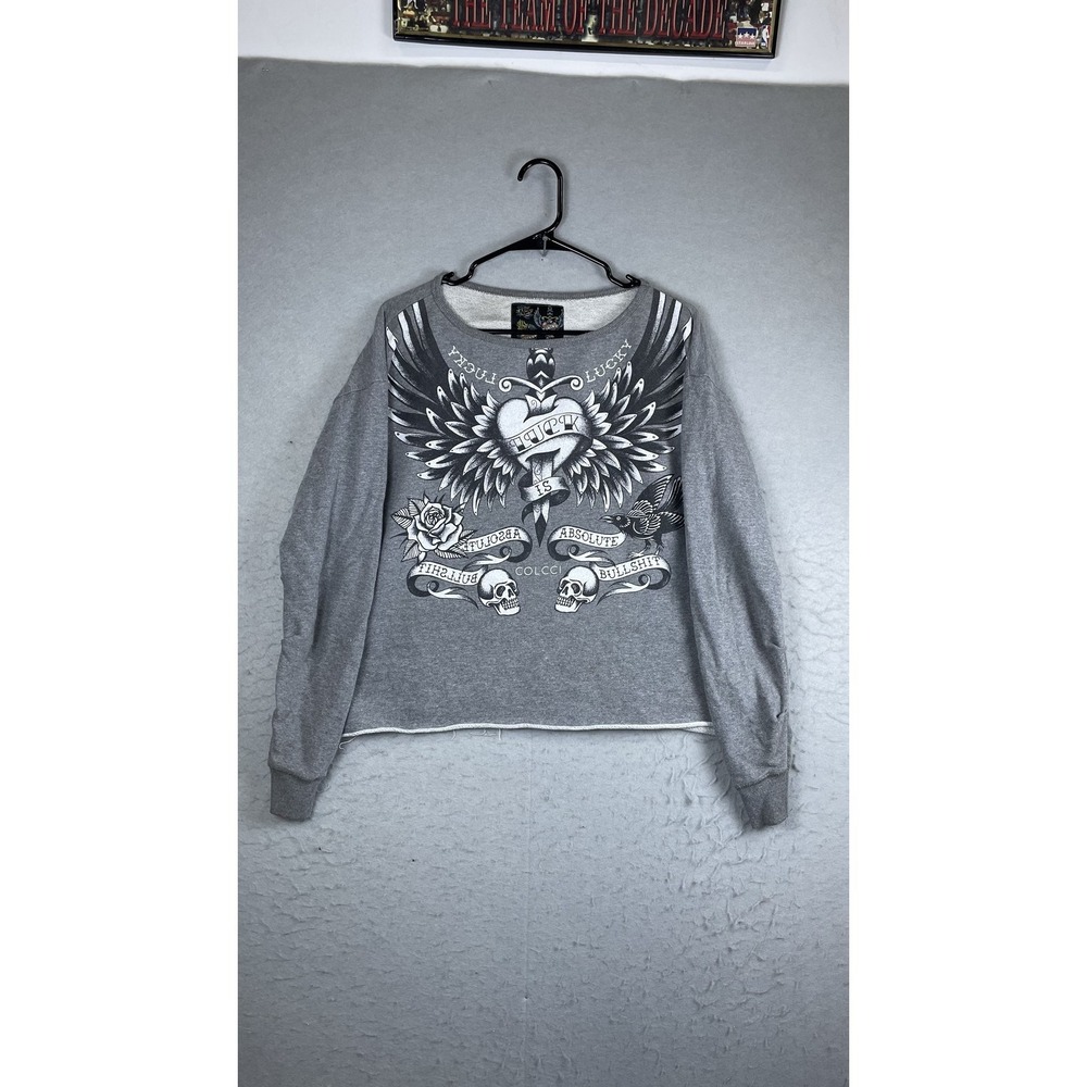 Colcci Shirt Womens Medium Gray Skull Tattoo Graphic‎ Cropped Fleece Gothic Top
